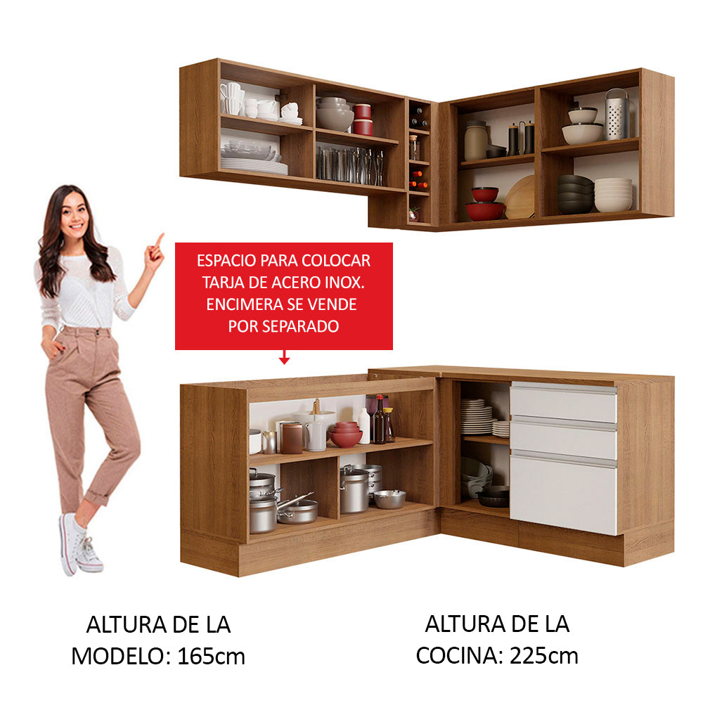Combo completo de Cocina Esquinera 329 cm 7 Puertas 3 Cajones Sin Mesada Marrón/Blanco Glamy Madesa
