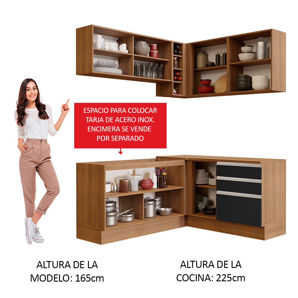 Combo completo de Cocina Esquinera 329 cm 7 Puertas 3 Cajones Sin Mesada Marrón/Negro Glamy Madesa