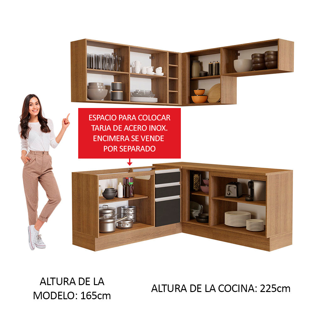 Combo completo de Cocina Esquinera 349 cm 9 Puertas 3 Cajones Sin Mesada Marrón/Negro Glamy Madesa