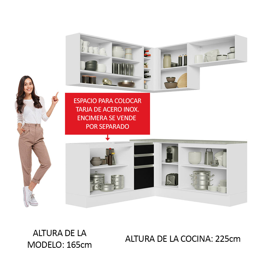Combo completo de Cocina Esquinera 349 cm 9 Puertas 3 Cajones Sin Mesada Blanco/Negro Glamy Madesa