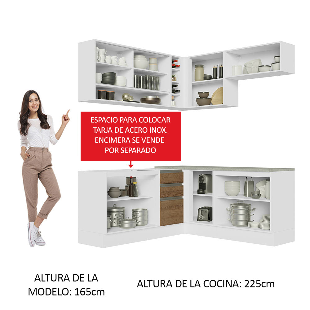 Combo completo de Cocina Esquinera 349 cm 9 Puertas 3 Cajones Sin Mesada Blanco/Marrón Glamy Madesa 02