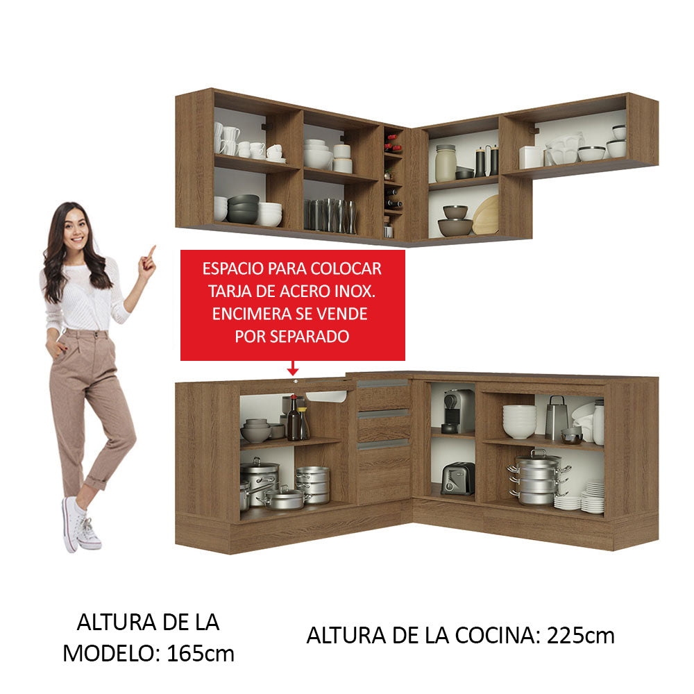 Combo completo de Cocina Esquinera 349 cm 9 Puertas 3 Cajones Sin Mesada Marrón Glamy Madesa 03