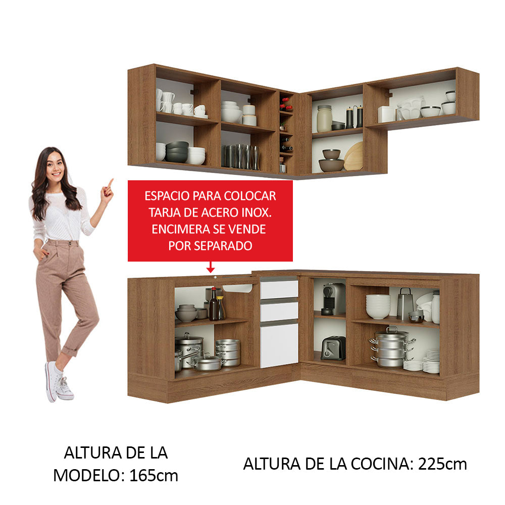 Combo completo de Cocina Esquinera 349 cm 9 Puertas 3 Cajones Sin Mesada Marrón/Blanco Glamy Madesa