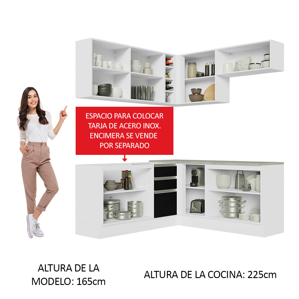 Combo completo de Cocina Esquinera 349 cm 9 Puertas 3 Cajones Sin Mesada Blanco/Negro Glamy Madesa