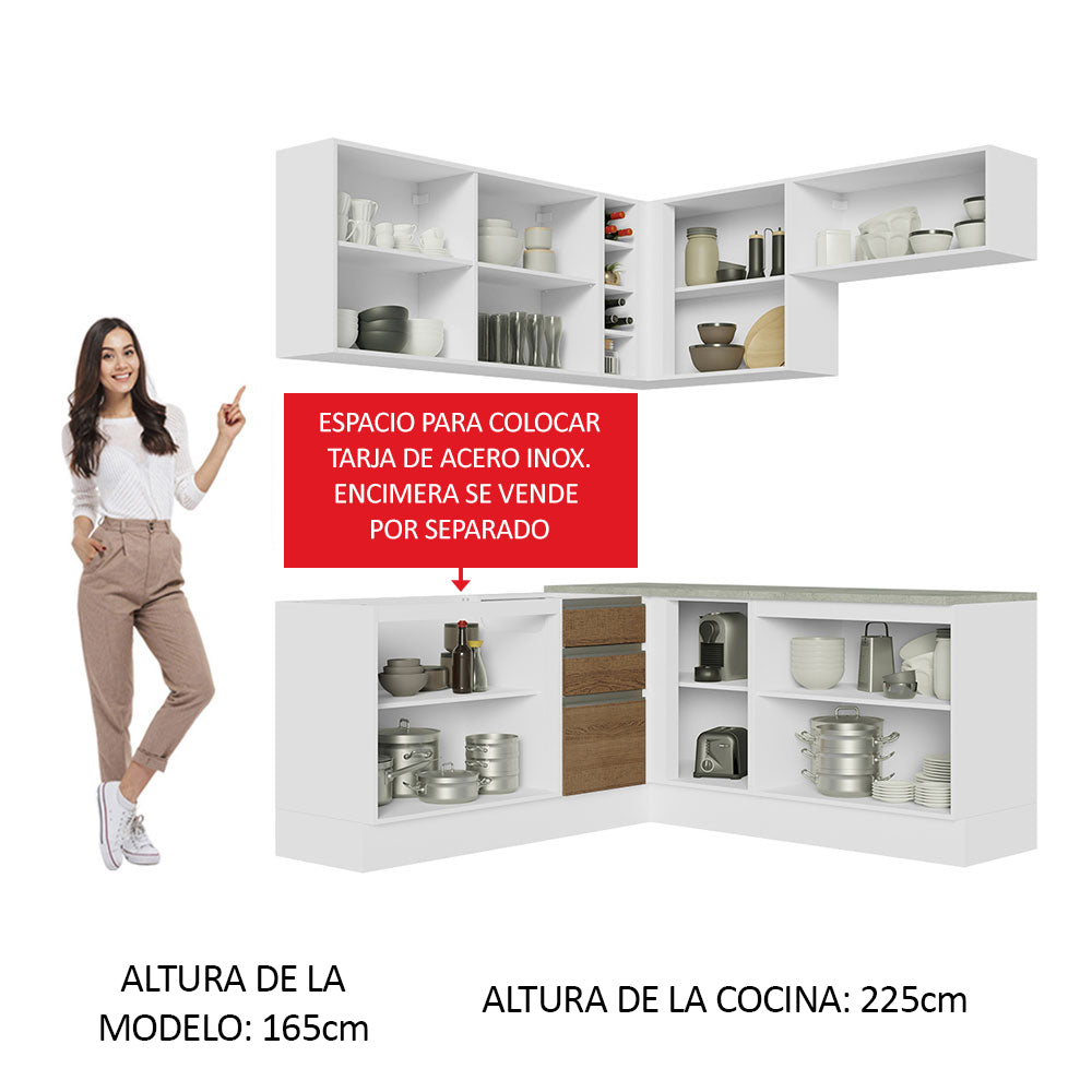 Combo completo de Cocina Esquinera 349 cm 9 Puertas 3 Cajones Sin Mesada Blanco/Marrón Glamy Madesa