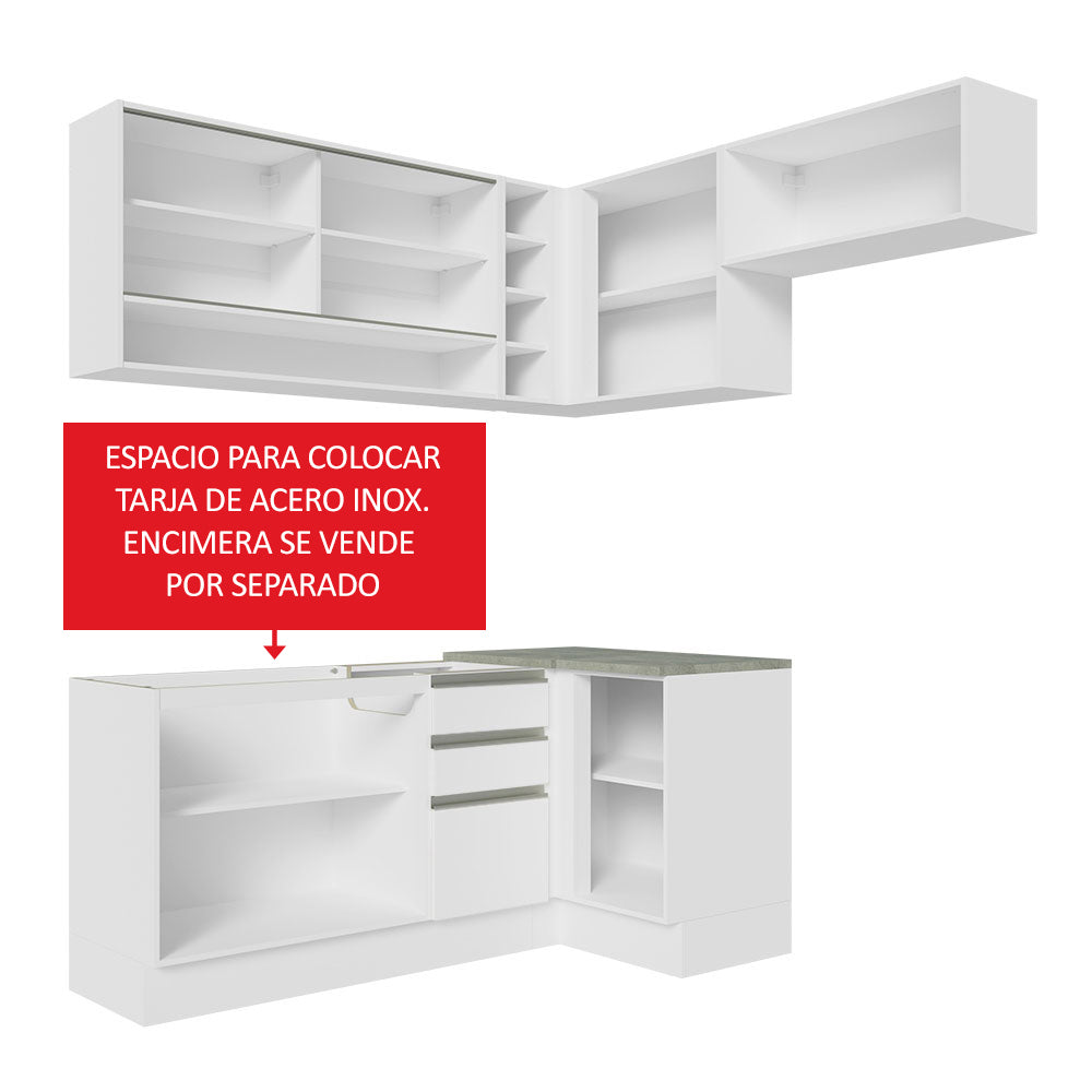 Combo completo de Cocina Esquinera 349 cm 7 Puertas 3 Cajones Sin Mesada Blanco Glamy Madesa