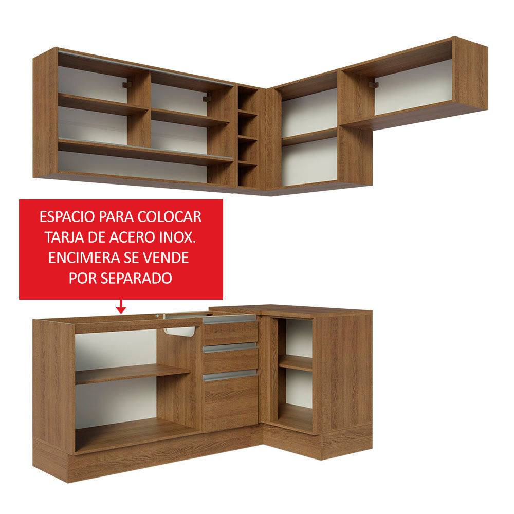 Combo completo de Cocina Esquinera 349 cm 7 Puertas 3 Cajones Sin Mesada Marrón Glamy Madesa