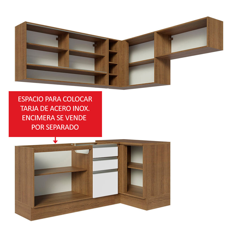 Combo completo de Cocina Esquinera 349 cm 7 Puertas 3 Cajones Sin Mesada Marrón/Blanco Glamy Madesa 06