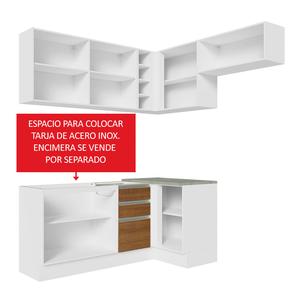 Combo completo de Cocina Esquinera 349 cm 7 Puertas 3 Cajones Sin Mesada Blanco/Marrón Glamy Madesa