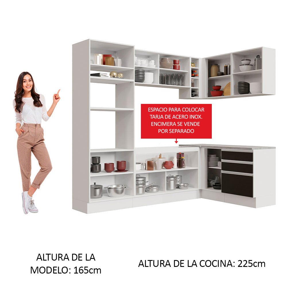 Combo completo de Cocina Esquinera 399 cm 10 Puertas 3 Cajones Sin Mesada Blanco/Negro Glamy Madesa