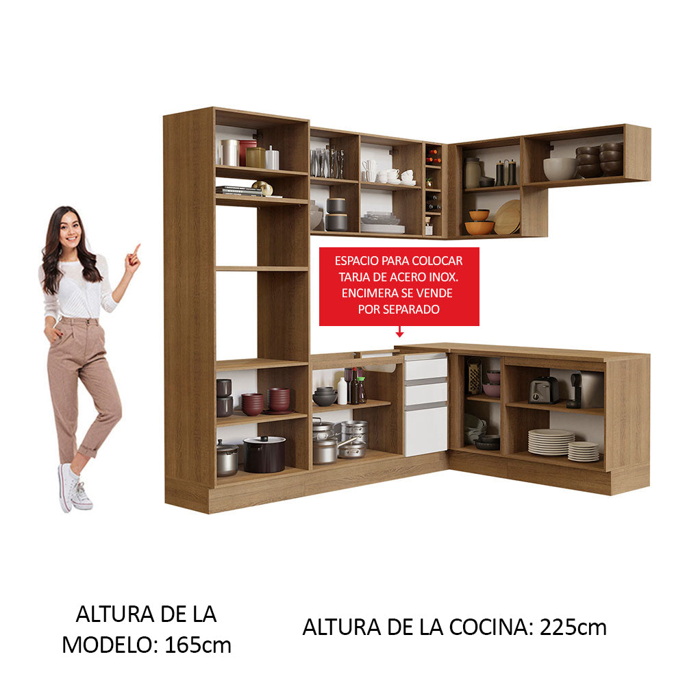 Combo completo de Cocina Esquinera 419 cm 12 Puertas 3 Cajones Sin Mesada Marrón/Blanco Glamy Madesa