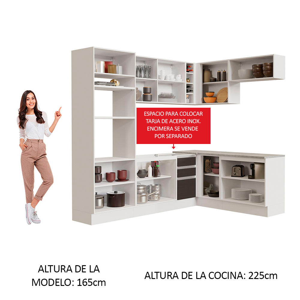 Combo completo de Cocina Esquinera 419 cm 12 Puertas 3 Cajones Sin Mesada Blanco/Negro Glamy Madesa