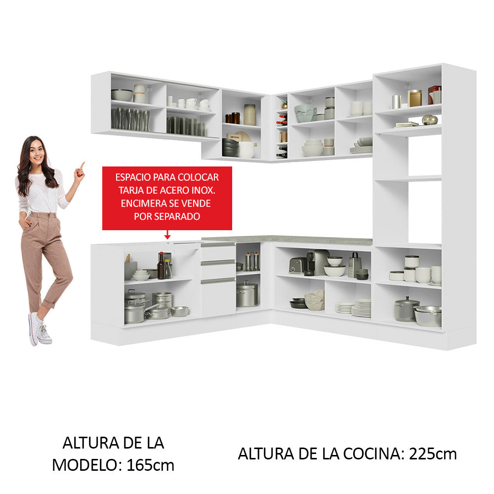 Combo completo de Cocina Esquinera 459 cm 13 Puertas 3 Cajones Sin Mesada Blanco Glamy Madesa