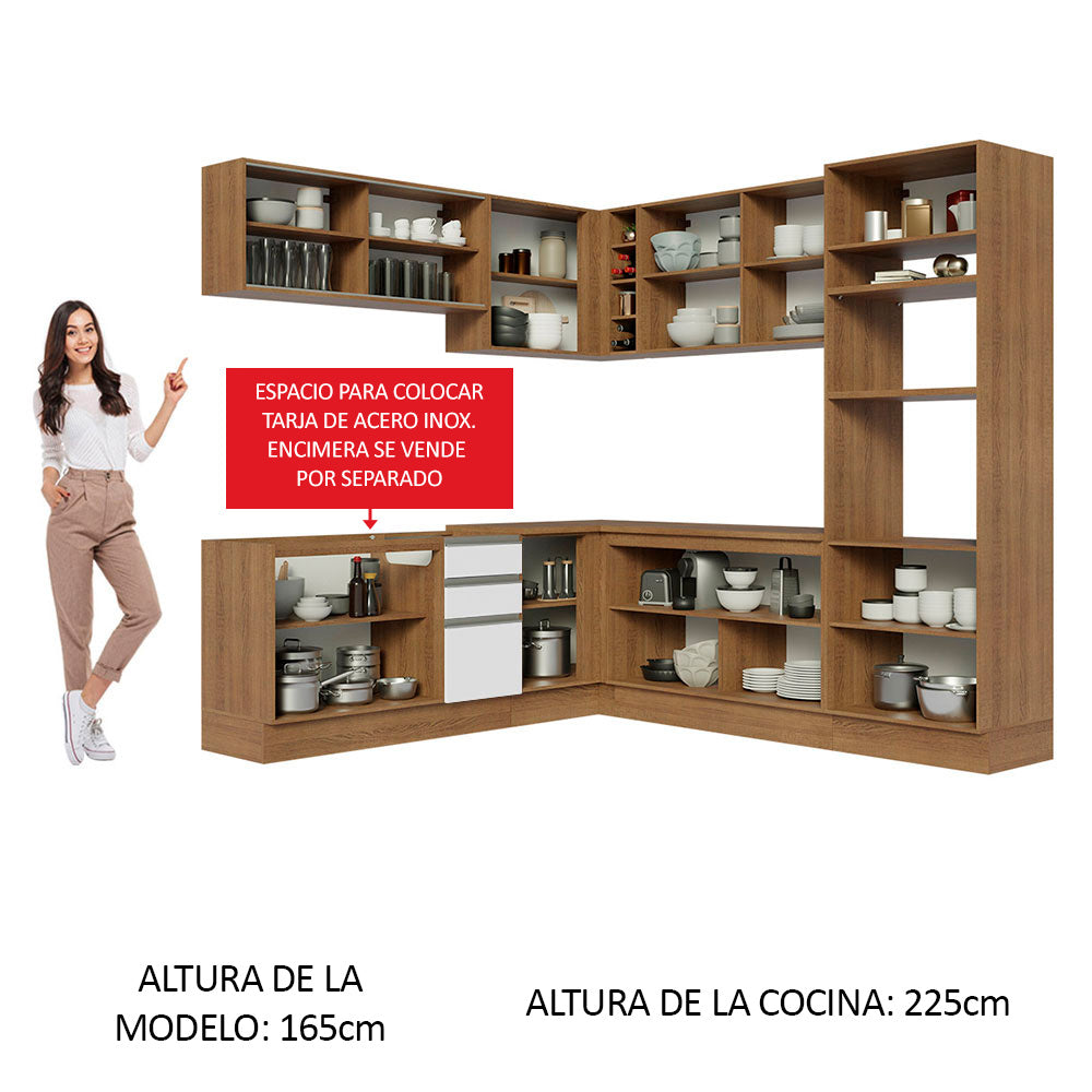 Combo completo de Cocina Esquinera 459 cm 13 Puertas 3 Cajones Sin Mesada Marrón/Blanco Glamy Madesa