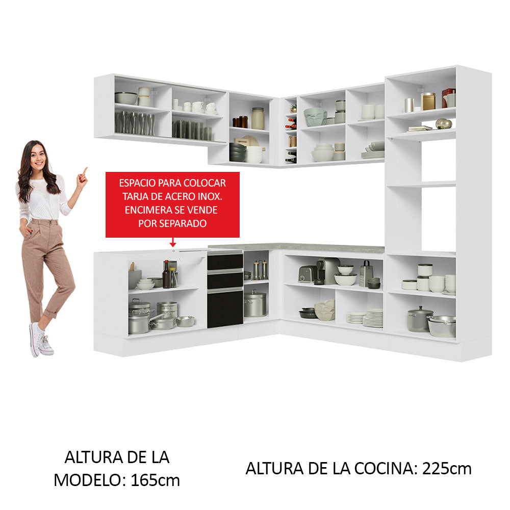 Combo completo de Cocina Esquinera 459 cm 13 Puertas 3 Cajones Sin Mesada Blanco/Negro Glamy Madesa