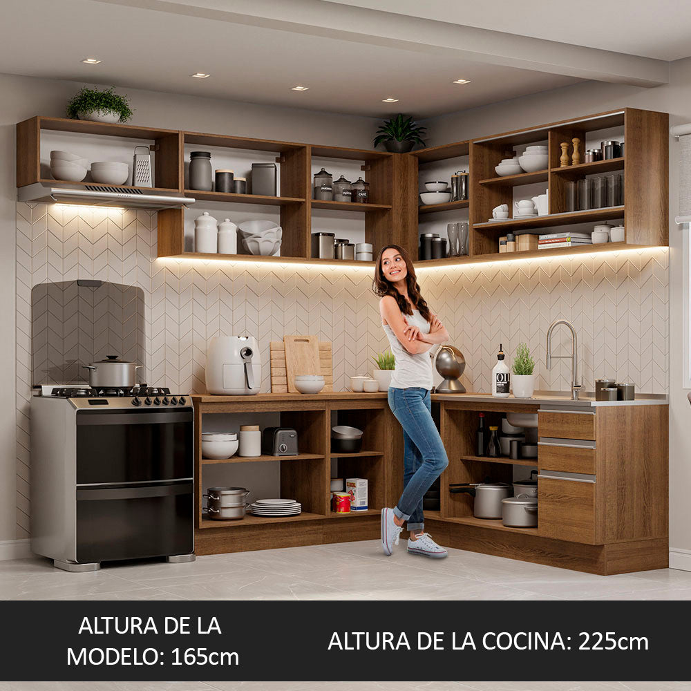 Combo completo de Cocina Esquinera 469 cm 13 Puertas 3 Cajones Sin Mesada Marrón Glamy Madesa