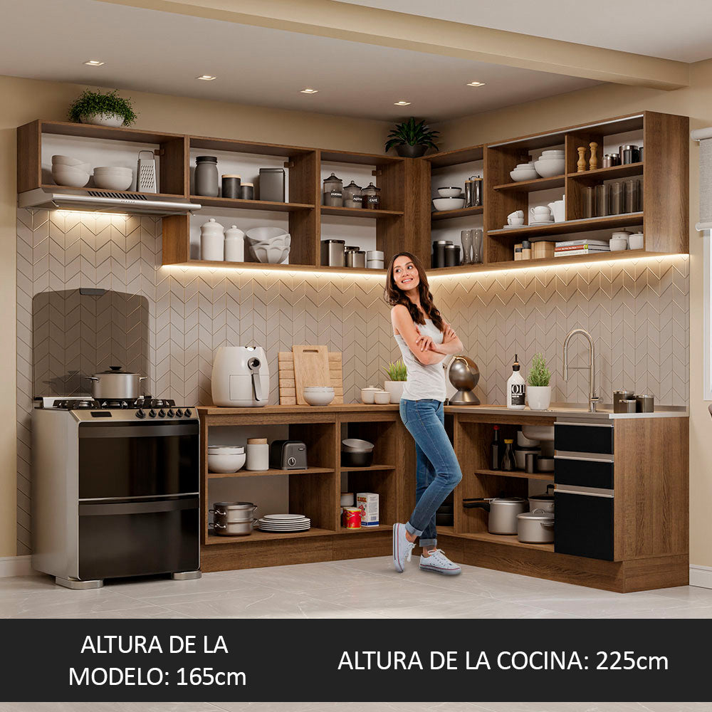 Combo completo de Cocina Esquinera 469 cm 13 Puertas 3 Cajones Sin Mesada Marrón/Negro Glamy Madesa