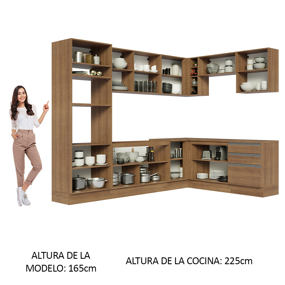 Combo completo de Cocina Esquinera 479 cm 13 Puertas 3 Cajones Sin Mesada Marrón Glamy Madesa