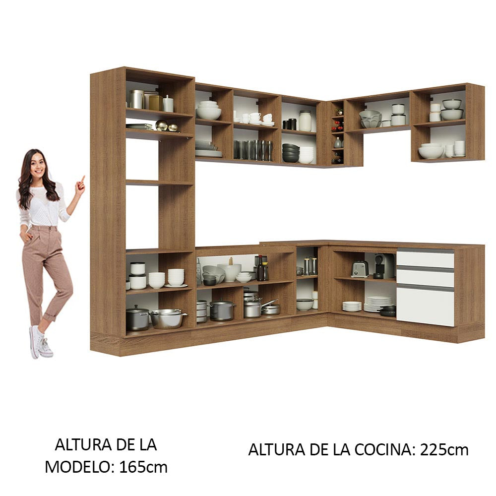 Combo completo de Cocina Esquinera 479 cm 13 Puertas 3 Cajones Sin Mesada Marrón/Blanco Glamy Madesa