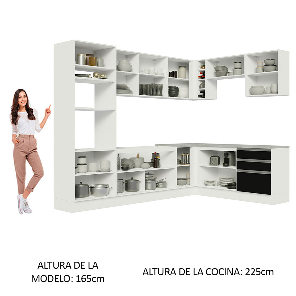 Combo completo de Cocina Esquinera 479 cm 13 Puertas 3 Cajones Sin Mesada Blanco/Negro Glamy Madesa