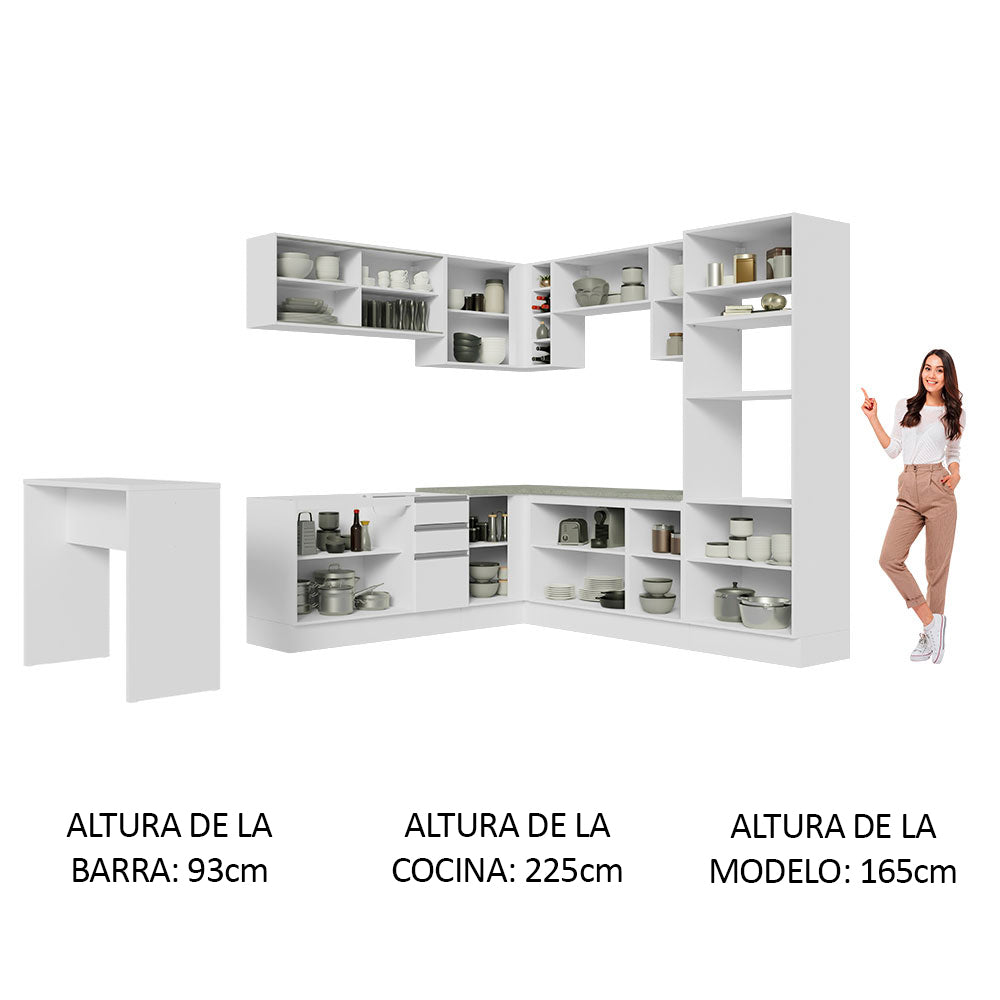 Combo completo de Cocina Esquinera 504 cm 14 Puertas 3 Cajones Sin Mesada Blanco Glamy Madesa