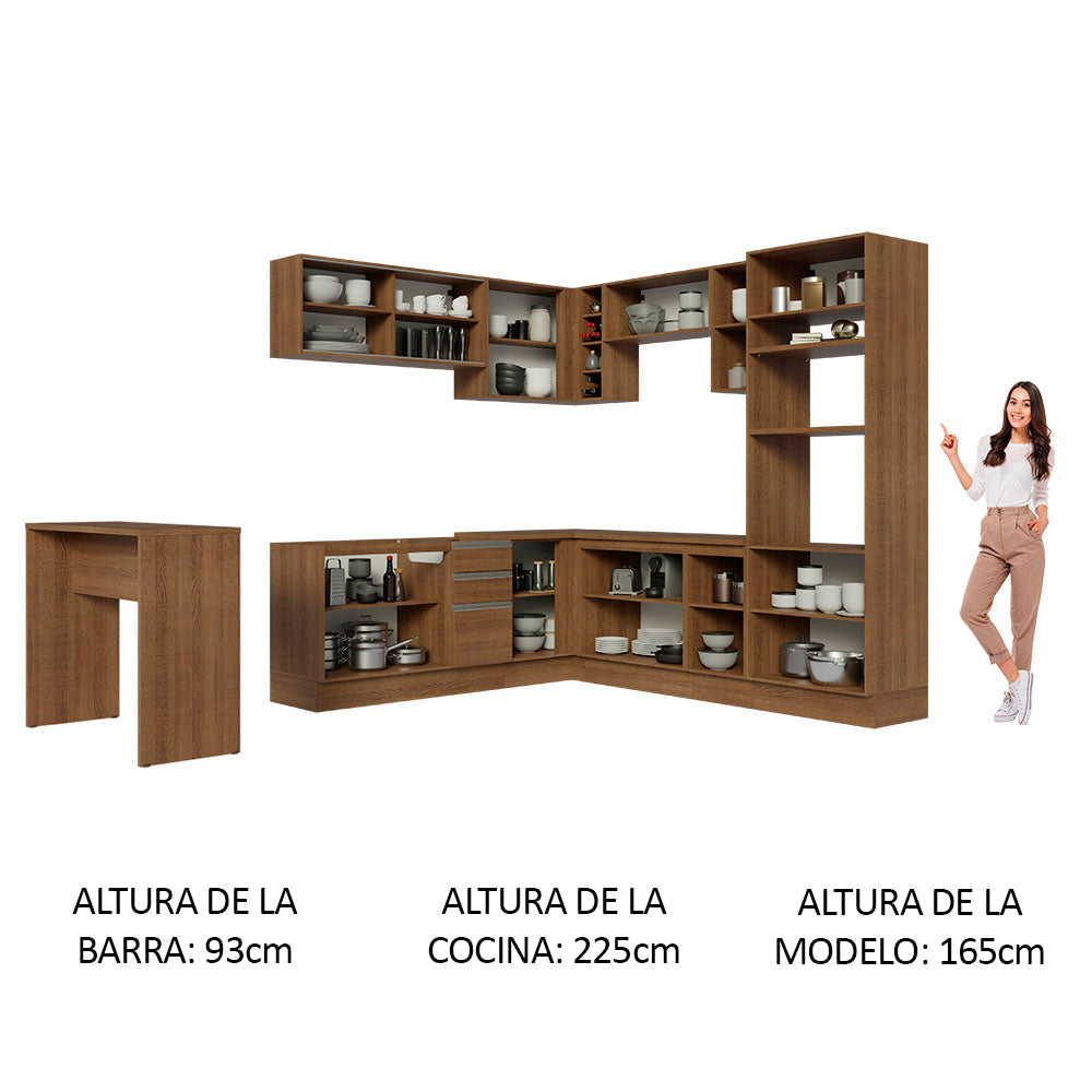 Combo completo de Cocina Esquinera 504 cm 14 Puertas 3 Cajones Sin Mesada Marrón Glamy Madesa