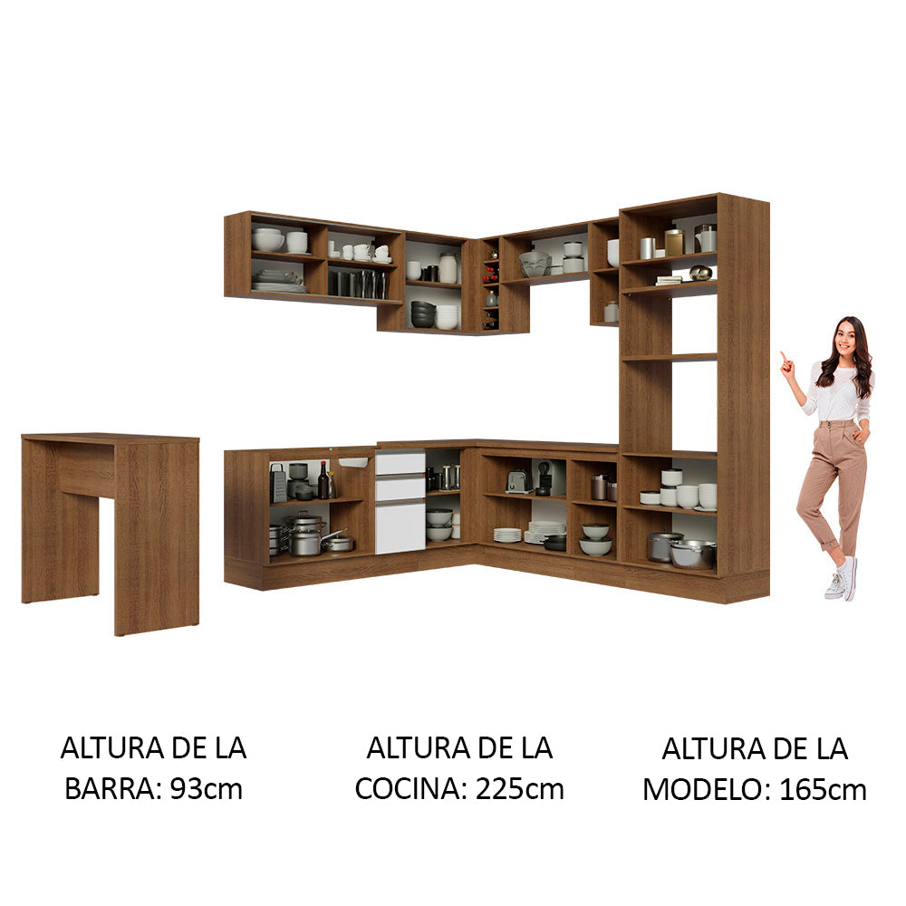 Combo completo de Cocina Esquinera 504 cm 14 Puertas 3 Cajones Sin Mesada Marrón/Blanco Glamy Madesa