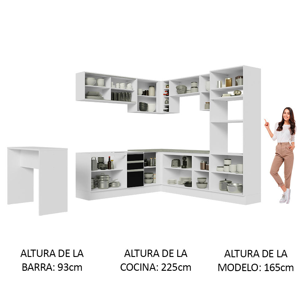 Combo completo de Cocina Esquinera 504 cm 14 Puertas 3 Cajones Sin Mesada Blanco/Negro Glamy Madesa