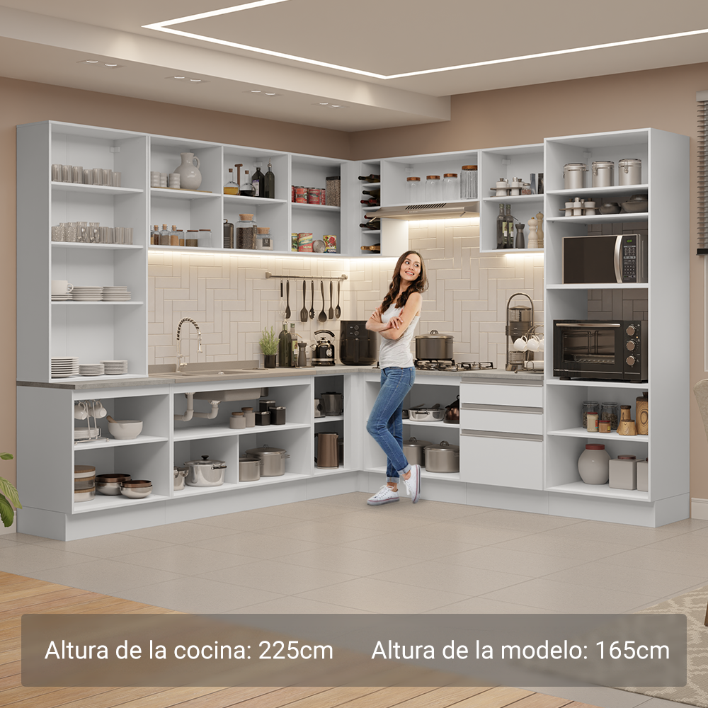 Combo completo de Cocina Esquinera 549 cm con Cristalero 17 Puertas 3 Cajones Sin Mesada Blanco Glamy Madesa