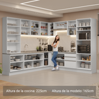 Combo completo de Cocina Esquinera 549 cm con Cristalero 17 Puertas 3 Cajones Sin Mesada Blanco Glamy Madesa