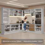 Combo completo de Cocina Esquinera 549 cm con Cristalero 17 Puertas 3 Cajones Sin Mesada Blanco/Marrón Glamy Madesa