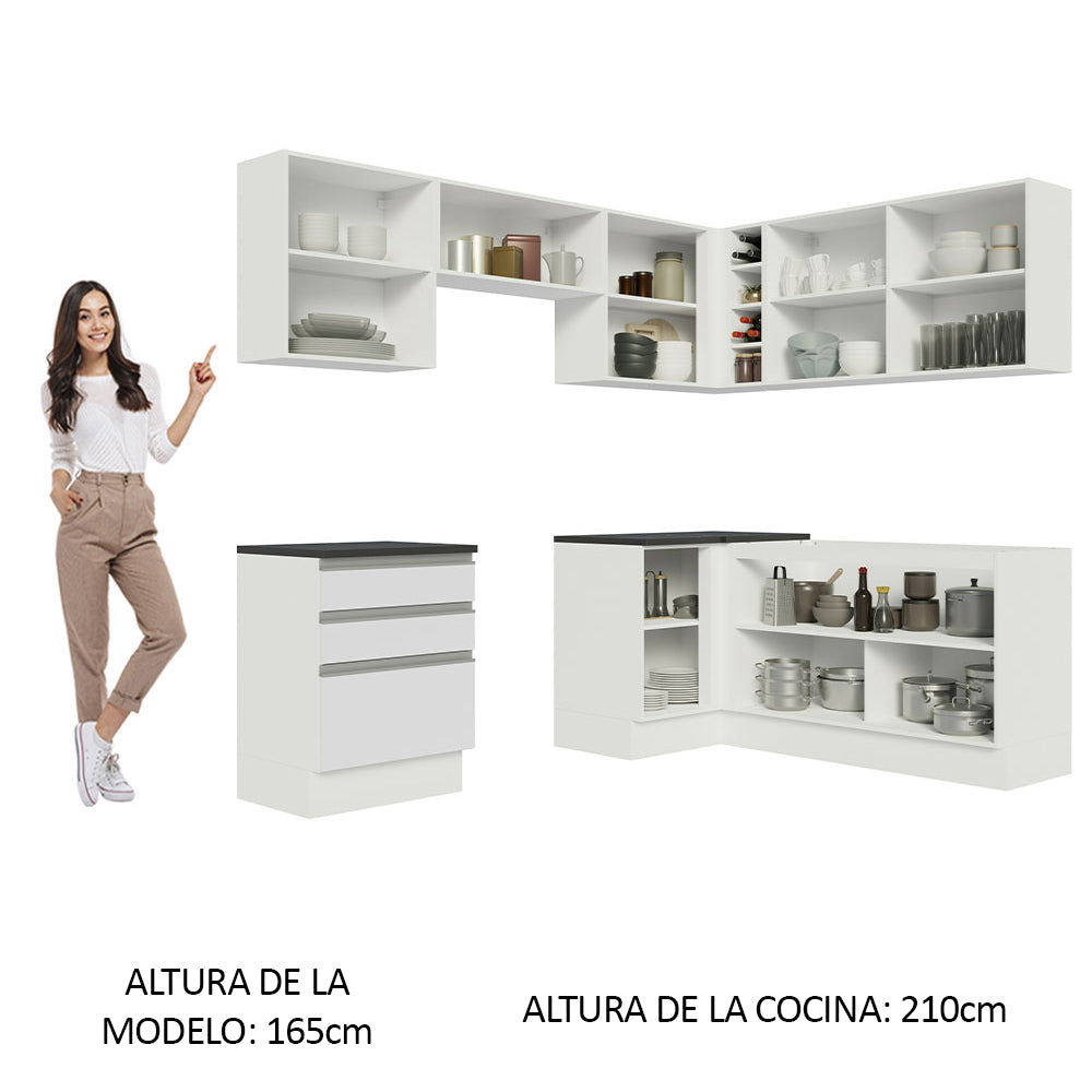 Combo Completo de Cocina Esquinera 100% MDF 409 cm Frentes Blanco Brillante Acordes Madesa 01