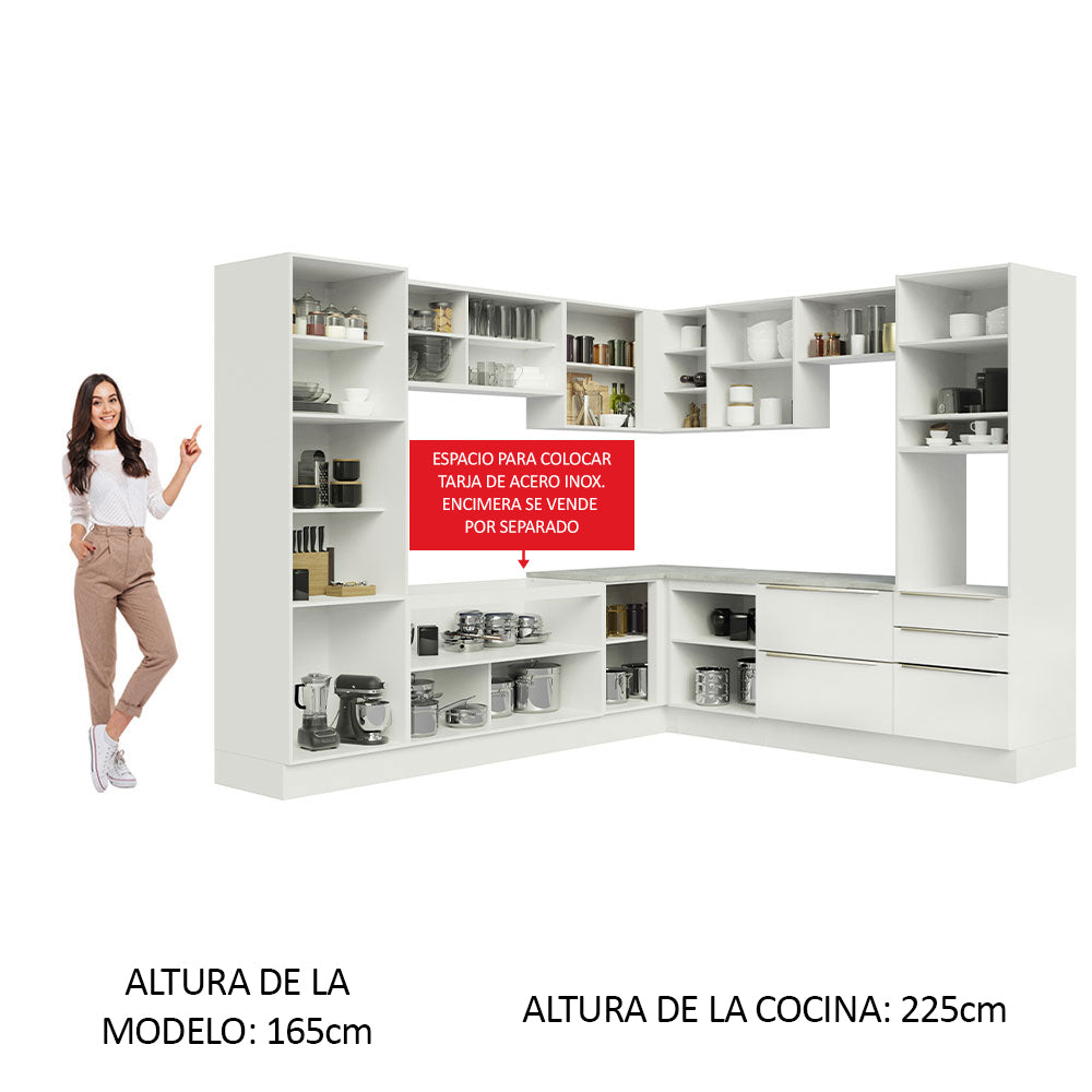 Combo Completo de Cocina Esquinera 546 x 60 cm Blanco/Blanco Aterciopelado Lux Madesa 01