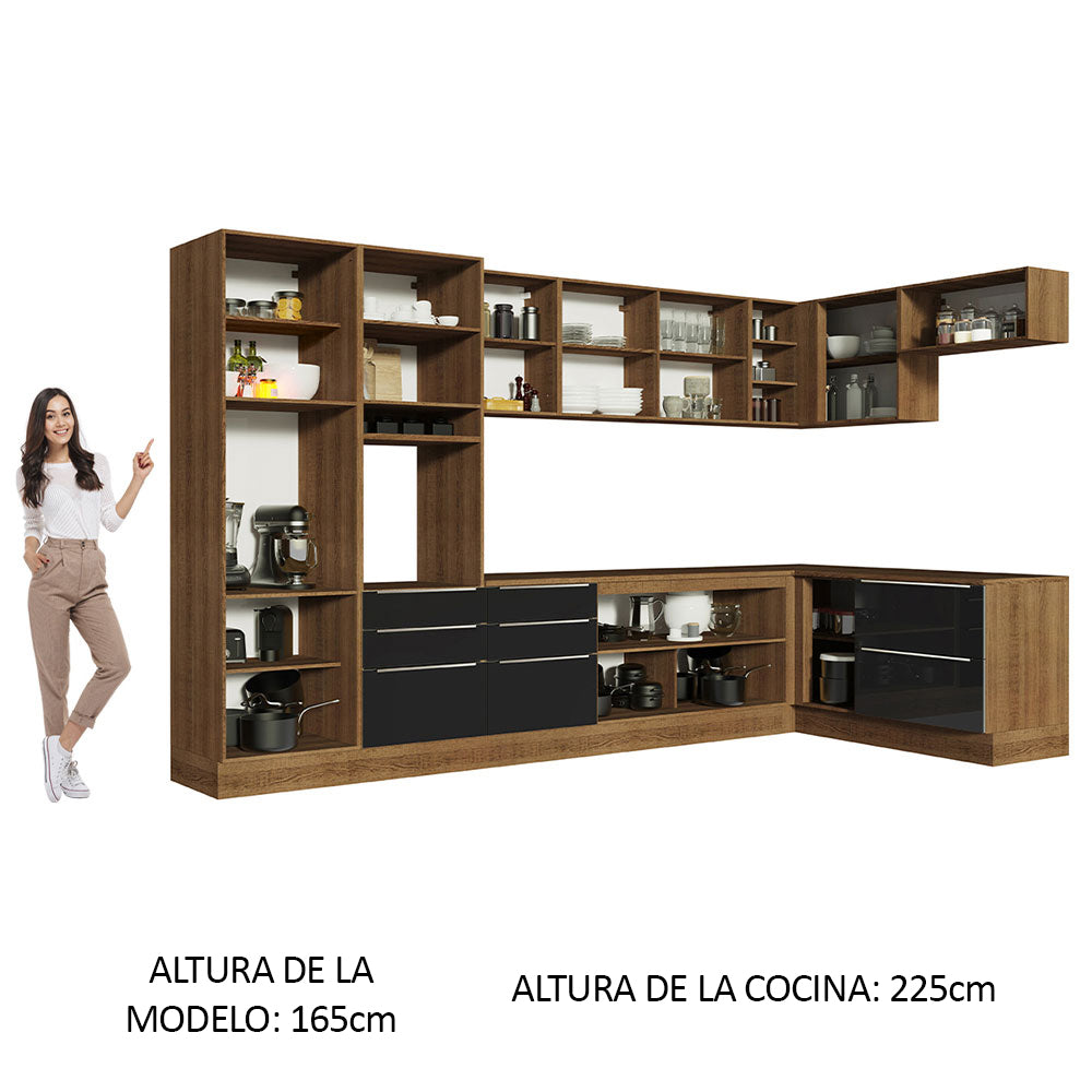 Combo completo de Cocina Esquinera 546 cm 12 Puertas 8 Cajones Marrón/Negro Lux Madesa