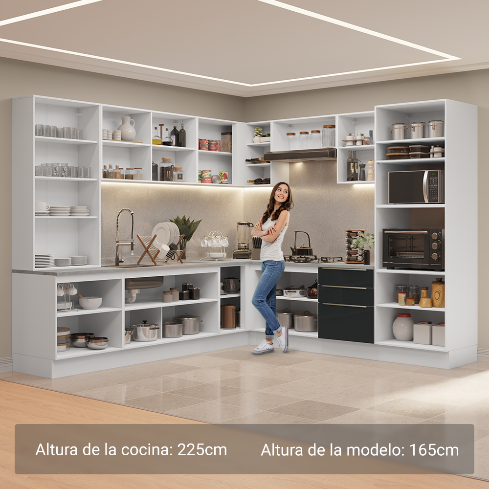 Combo completo de Cocina Esquinera 566 cm con Cristalero 17 Puertas 3 Cajones Sin Mesada Blanco/Negro Lux Madesa