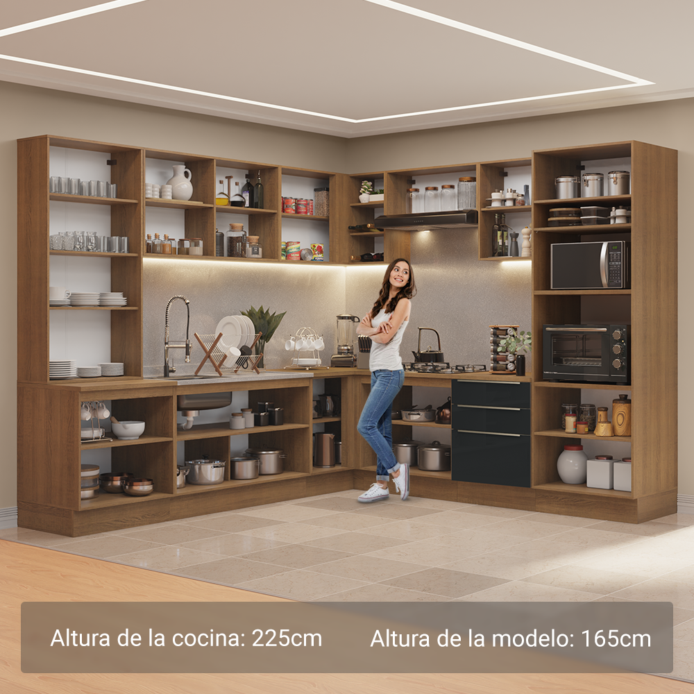 Combo completo de Cocina Esquinera 566 cm con Cristalero 17 Puertas 3 Cajones Sin Mesada Marrón/Negro Lux Madesa
