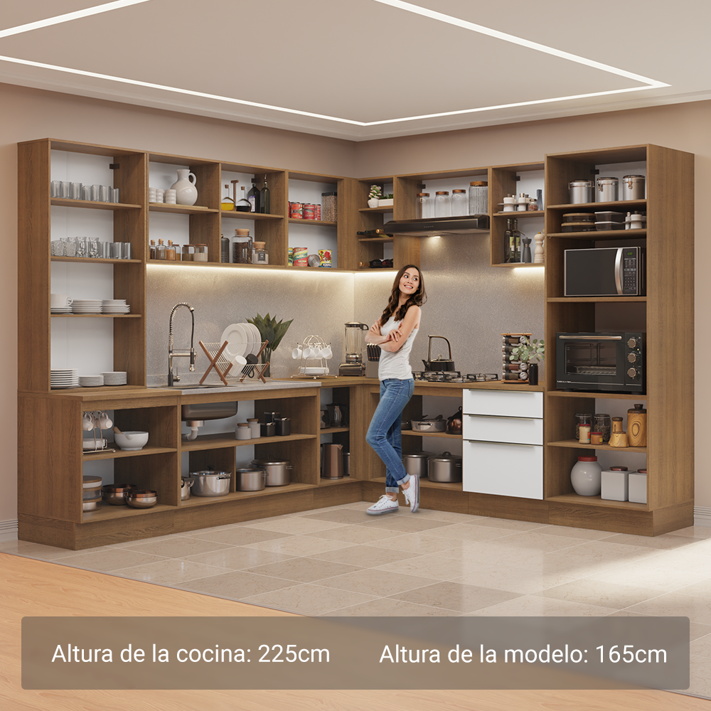 Combo completo de Cocina Esquinera 566 cm con Cristalero 17 Puertas 3 Cajones Sin Mesada Marrón/Blanco Lux Madesa