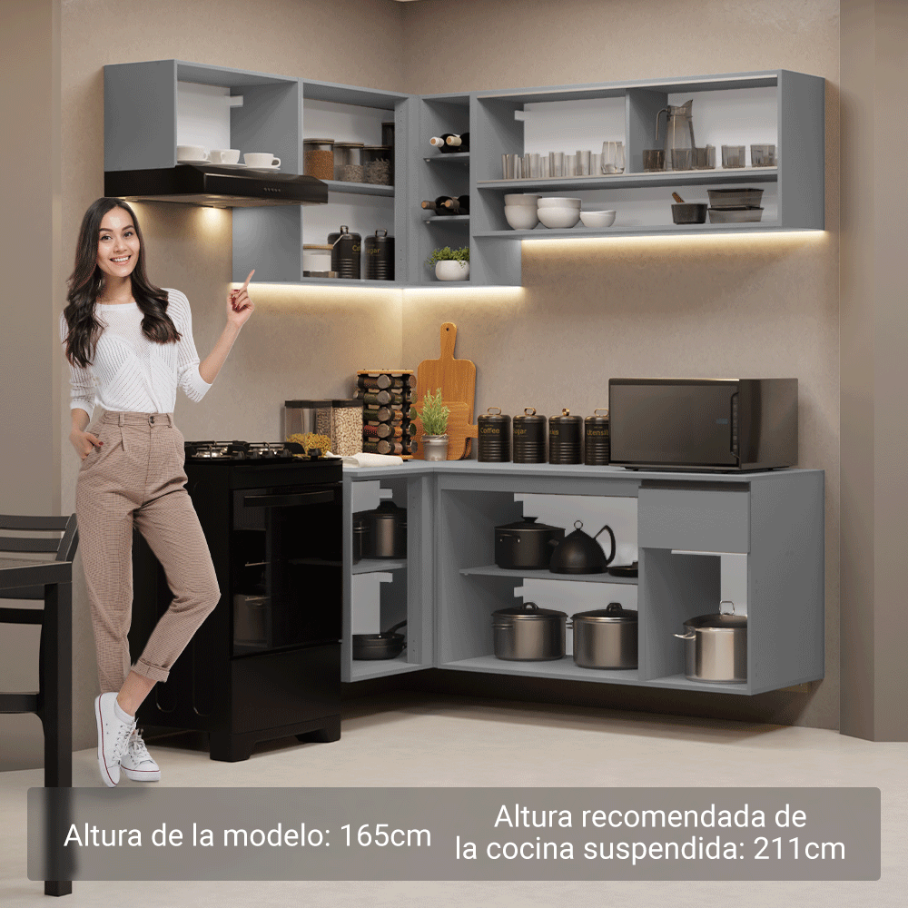 Combo completo de Cocina Esquinera Flotante 325 cm 8 Puertas 1 Cajón Gris Nice Madesa