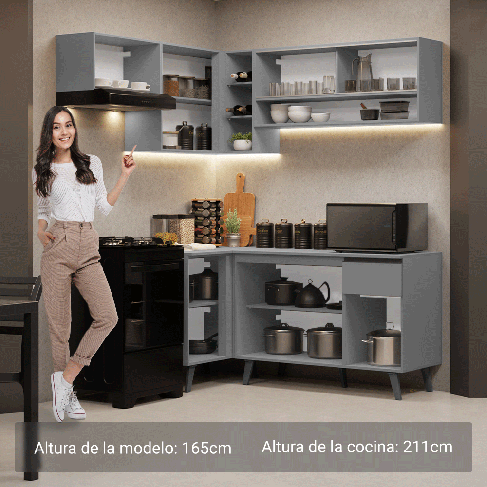 Combo completo de Cocina Esquinera 325 cm 8 Puertas 1 Cajón Gris Nice Madesa
