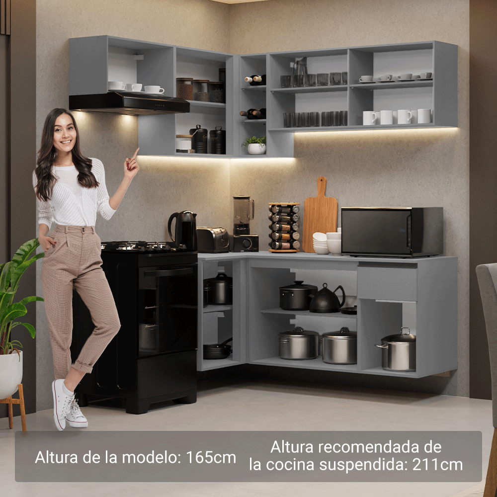 Combo completo de Cocina Esquinera Flotante 325cm Gris Nice Madesa 05