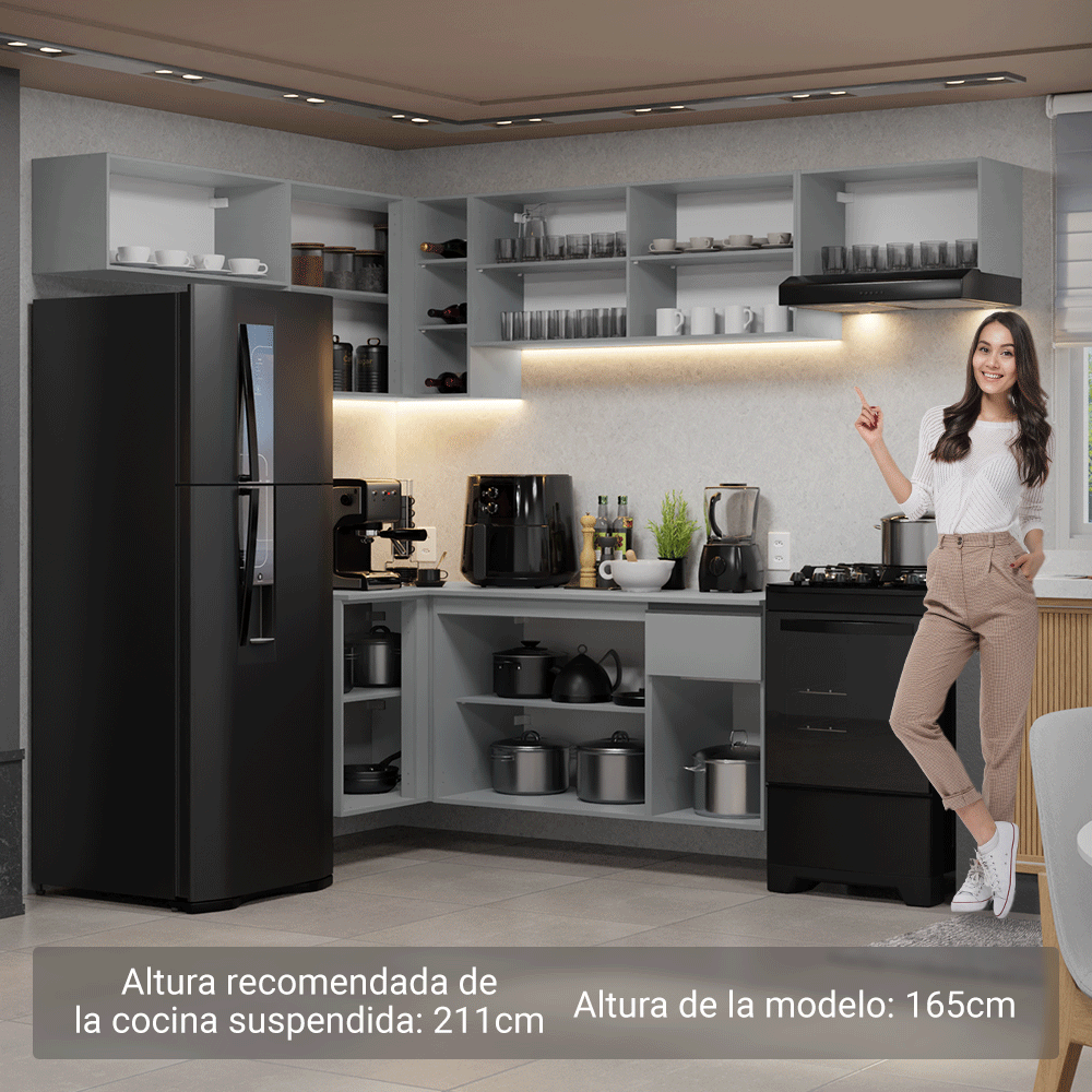Combo completo de Cocina Esquinera Flotante 405 cm 9 Puertas 1 Cajón Gris Nice Madesa