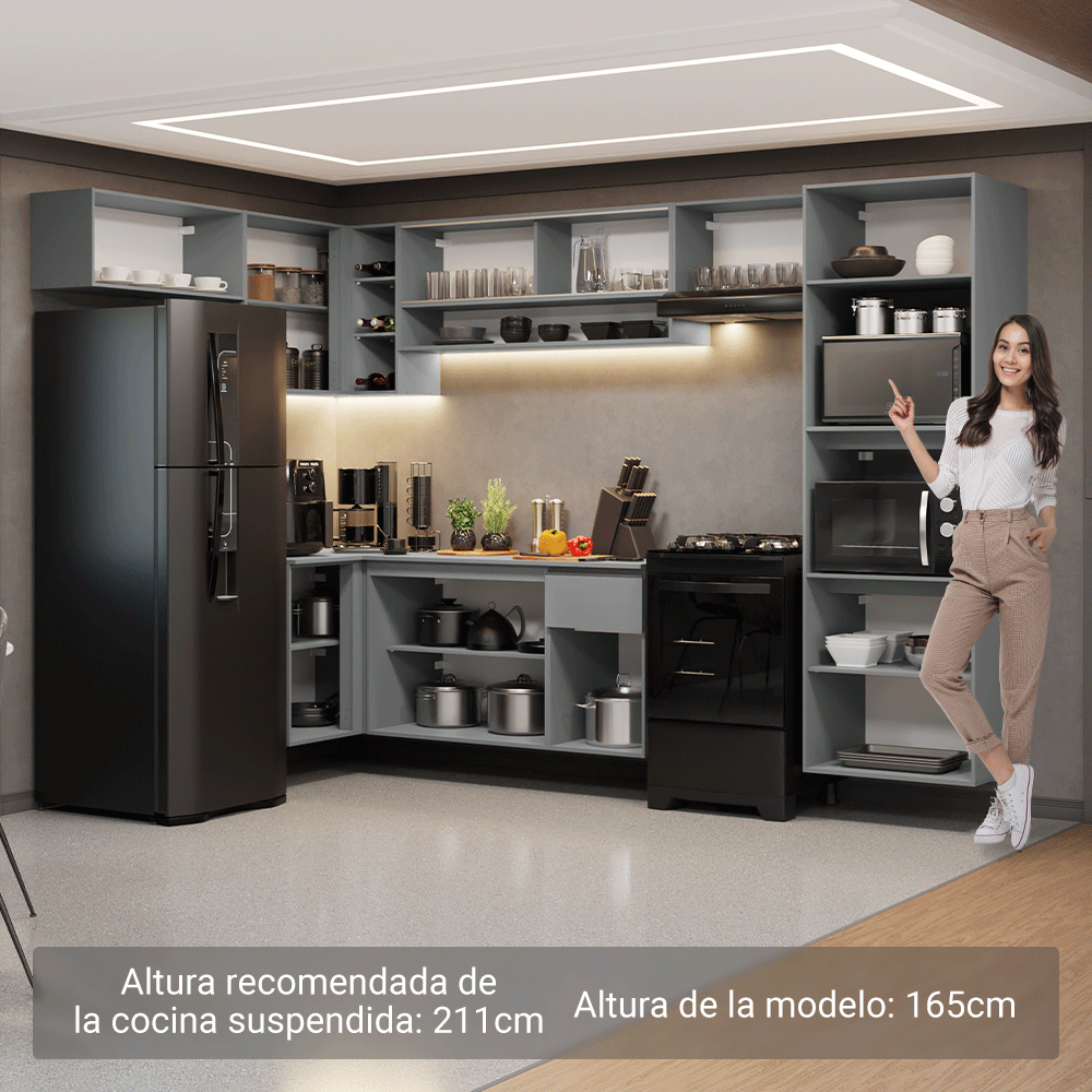 Combo completo de Cocina Esquinera Flotante 465cm Gris Nice Madesa 06