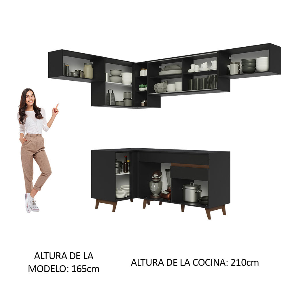 Combo completo de Cocina Esquinera 402 cm 8 Puertas 1 Cajón Negro Reims Madesa