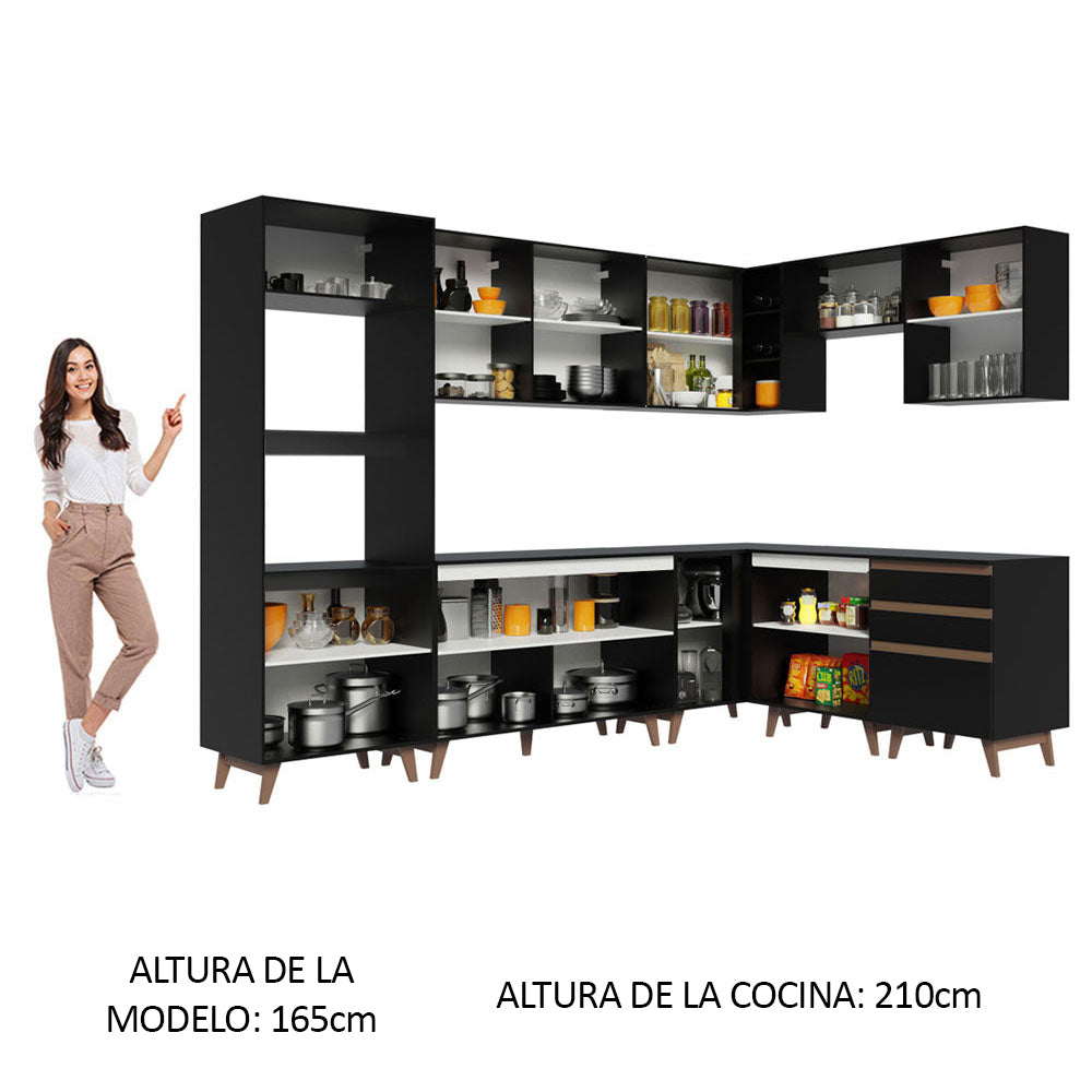 Combo completo de Cocina Esquinera 462 cm 13 Puertas 3 Cajones Negro Reims Madesa