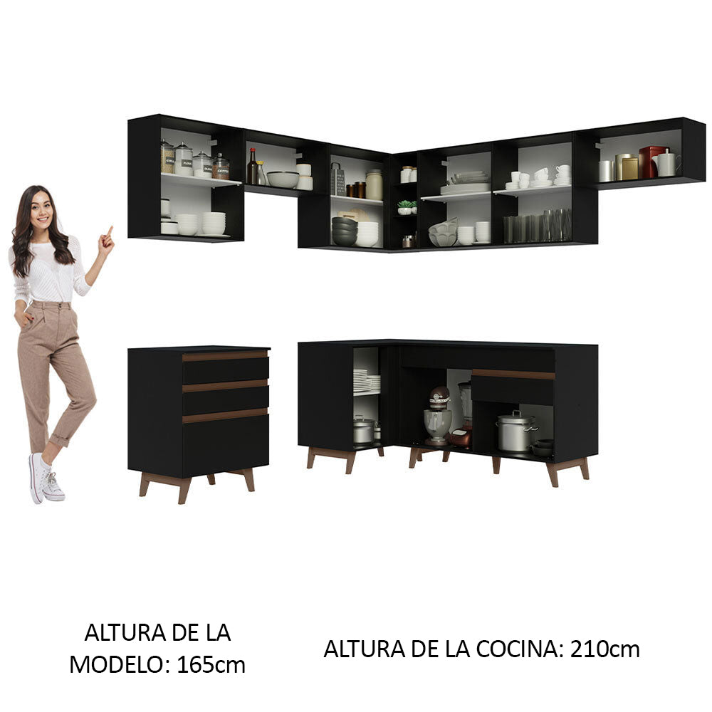 Combo completo de Cocina Esquinera 462 cm 9 Puertas 4 Cajones Negro Reims Madesa
