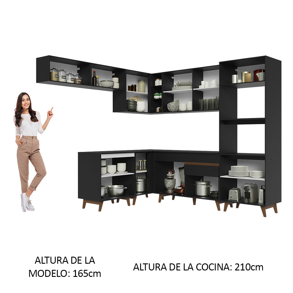 Combo completo de Cocina Esquinera 472 cm 13 Puertas 1 Cajón Negro Reims Madesa