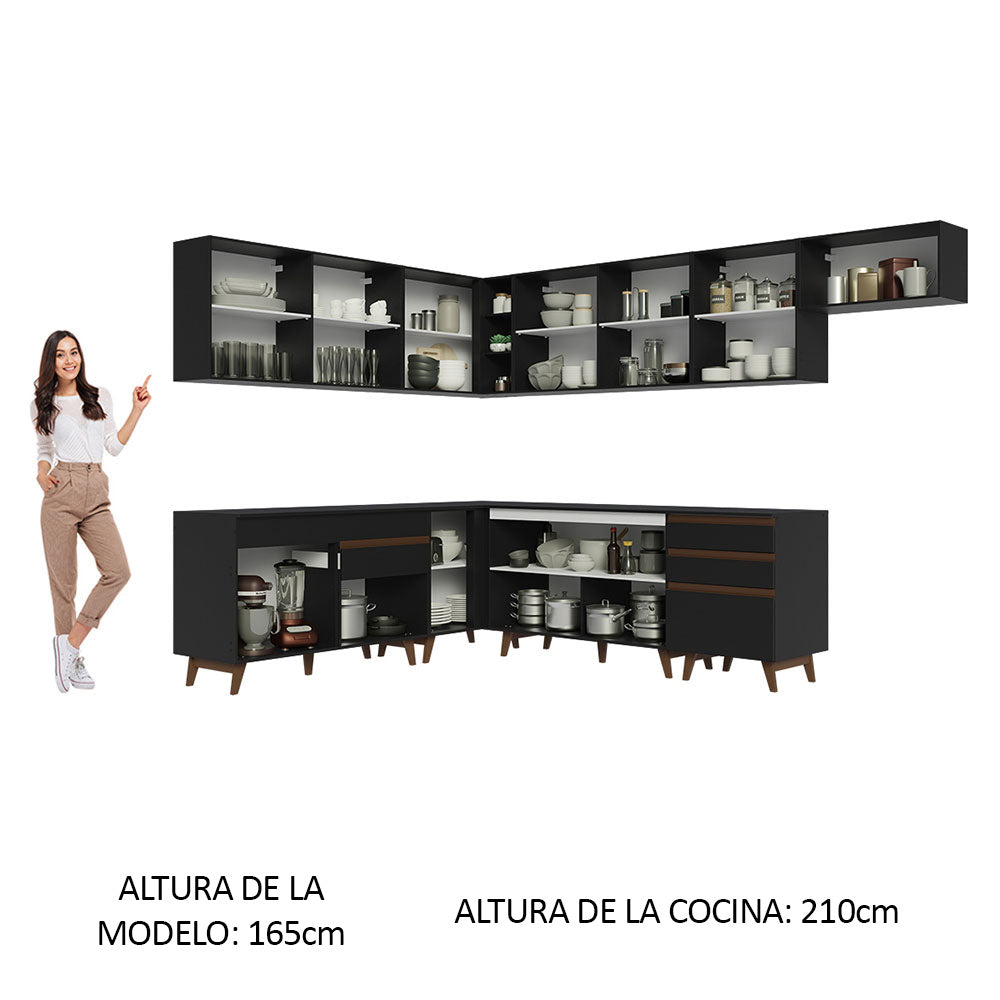Combo completo de Cocina Esquinera 512 cm 12 Puertas 4 Cajones Negro Reims Madesa