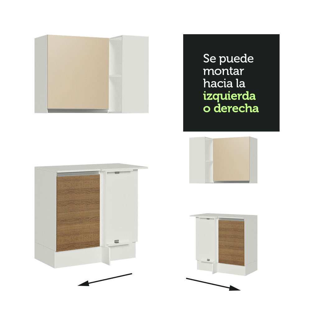 Kit Cocina Esquinera 100% MDF 2 Puertas y Nicho Marrón/Crema/Blanco Smart Madesa
