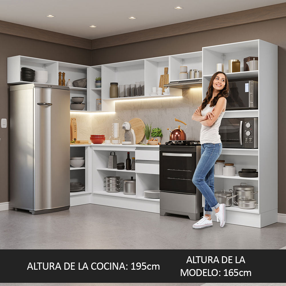 Combo completo de Cocina Esquinera Smart 100% MDF 447 cm 18 Puertas 2 Cajones (Con Mesada) Blanco Madesa