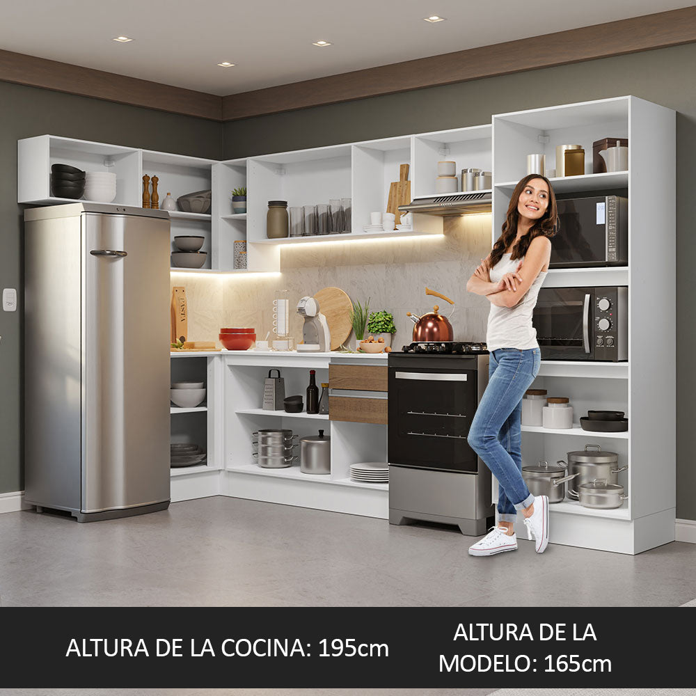 Combo completo de Cocina Esquinera Smart 100% MDF 447 cm 17 Puertas 2 Cajones (Con Mesada) Blanco/Marrón Madesa